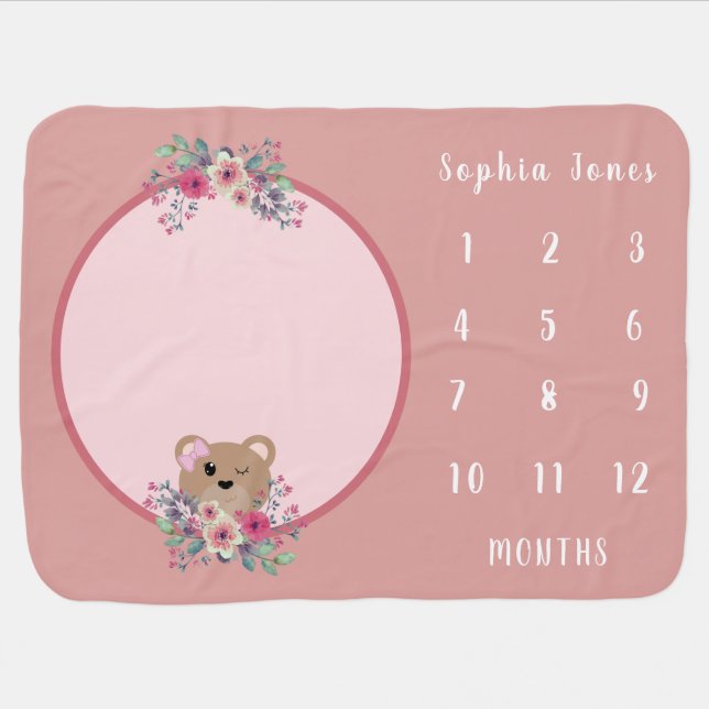 Cute Pink Milestone Monthly Girls Teddy Bear Baby Blanket (Horizontal)