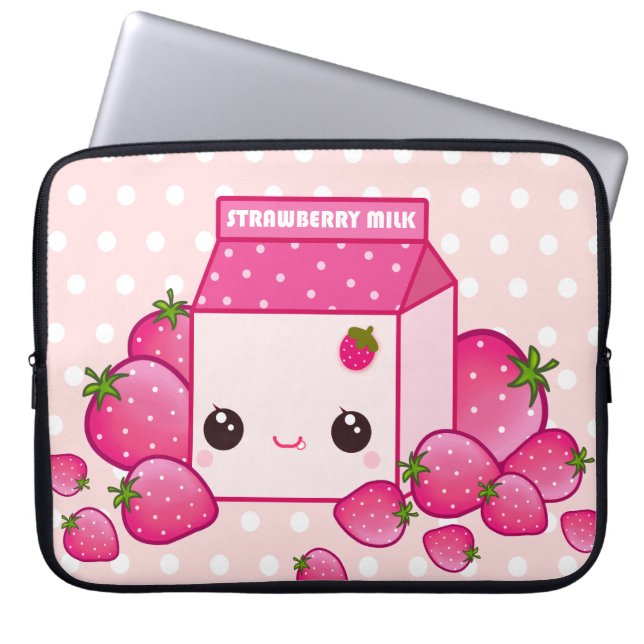 Cute pink milk carton with kawaii strawberries laptop sleeve (Front)