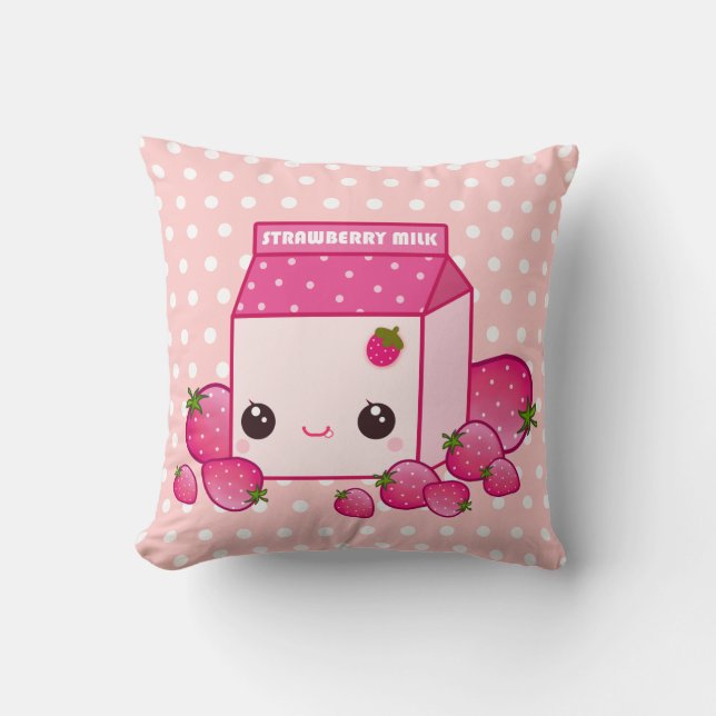 Cute pink milk carton with kawaii strawberries throw pillow (Front)