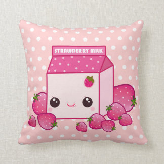 Cute pink milk carton with kawaii strawberries throw pillow