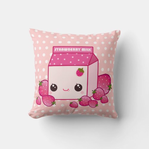 Cute pink milk carton with kawaii strawberries throw pillow