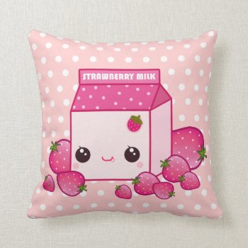 Cute Pink Milk Carton With Kawaii Strawberries Throw Pillow by Chibibunny at Zazzle