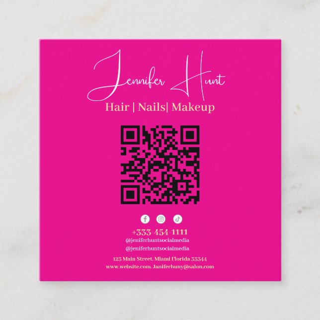 Cute Pink Minimalist QR code Business Card (Front)