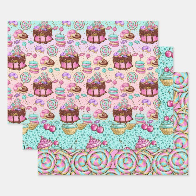 Cute Pink Mint Desserts Cupcakes Doughnuts Wrapping Paper Sheets (Set)