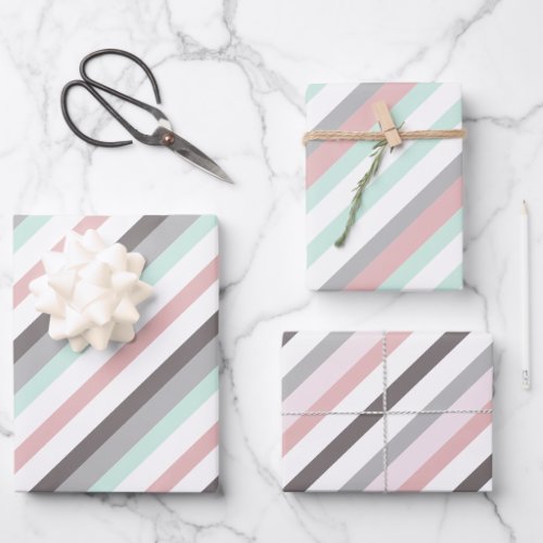 Cute Pink Mint Green and Gray Striped Patterns Wrapping Paper Sheets