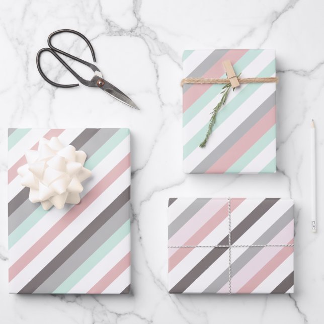 Cute Pink Mint Green and Gray Striped Patterns Wrapping Paper Sheets (Front)
