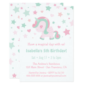 Cute Pink Mint Green Unicorn Girls Birthday Party Card