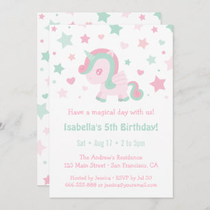 Cute Pink Mint Green Unicorn Girls Birthday Party Invitation