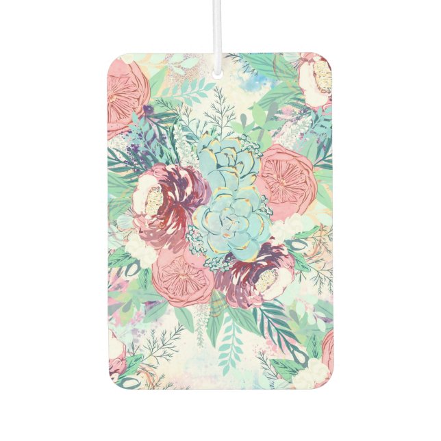 Cute Pink Mint Peony & Succulent Floral Hand Paint Air Freshener (Front)