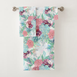 Cute Pink Mint Peony & Succulent Floral Hand Paint Bath Towel Set