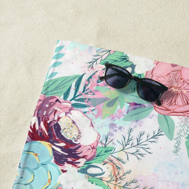 Cute Pink Mint Peony & Succulent Floral Hand Paint Beach Towel (In Situ)
