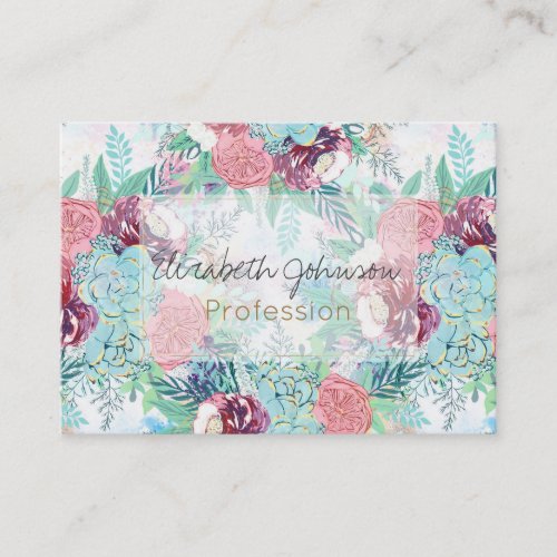 Cute Pink Mint Peony  Succulent Floral Hand Paint Business Card