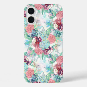 Cute Pink Mint Peony & Succulent Floral Hand Paint iPhone 16 Plus Case