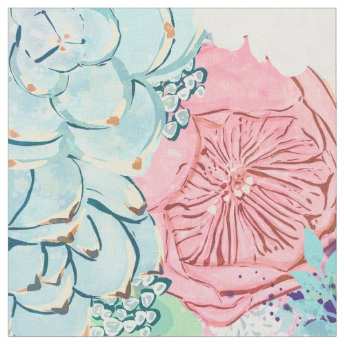 Cute Pink Mint Peony  Succulent Floral Hand Paint Fabric