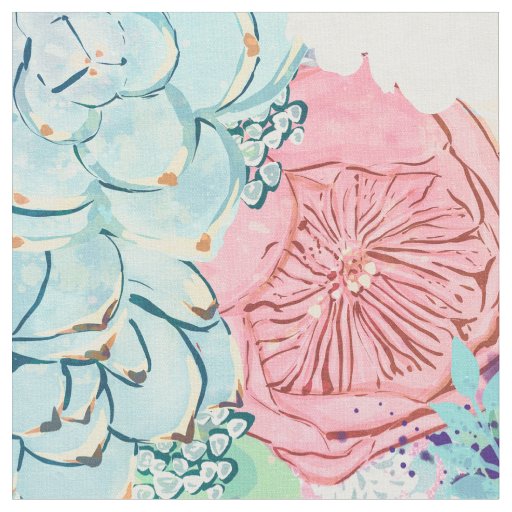 Cute Pink Mint Peony & Succulent Floral Hand Paint Fabric