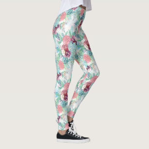 Cute Pink Mint Peony & Succulent Floral Hand Paint Leggings