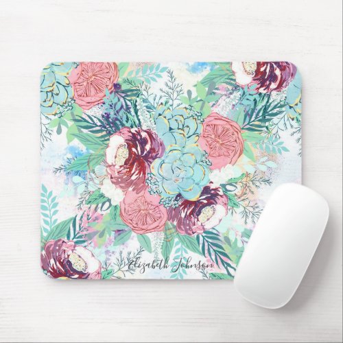 Cute Pink Mint Peony  Succulent Floral Hand Paint Mouse Pad