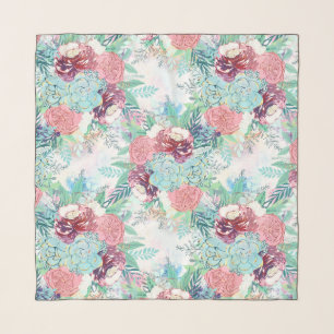 Cute Pink Mint Peony & Succulent Floral Hand Paint Scarf