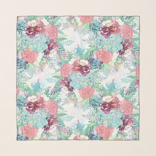 Cute Pink Mint Peony & Succulent Floral Hand Paint Scarf (Front (Horizontal))