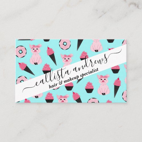 Cute Pink Mint Piggy Donut Ice Cream Cone Pattern Business Card