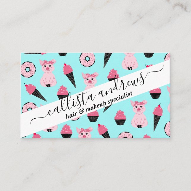 Cute Pink Mint Piggy Donut Ice Cream Cone Pattern Business Card (Front)