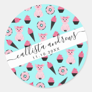 Cute Pink Mint Piggy Donut Ice Cream Cone Pattern Classic Round Sticker