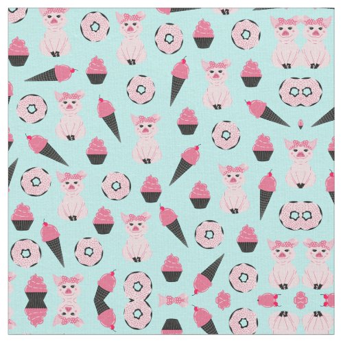 Cute Pink Mint Piggy Donut Ice Cream Cone Pattern Fabric