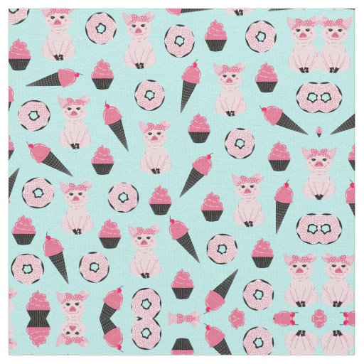 Cute Pink Mint Piggy Donut Ice Cream Cone Pattern Fabric