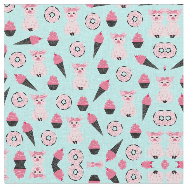Cute Pink Mint Piggy Donut Ice Cream Cone Pattern Fabric (Close Up)