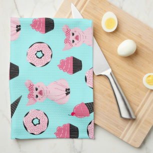 Cute Pink Mint Piggy Donut Ice Cream Cone Pattern Kitchen Towel