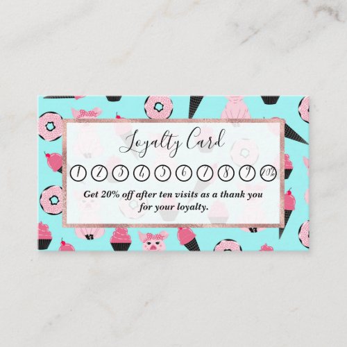 Cute Pink Mint Piggy Donut Ice Cream Cone Pattern Loyalty Card