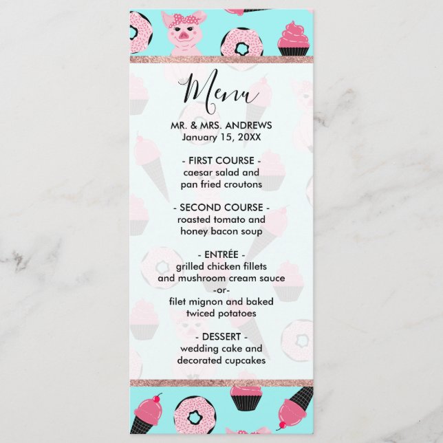 Cute Pink Mint Piggy Donut Ice Cream Cone Pattern Menu (Front)