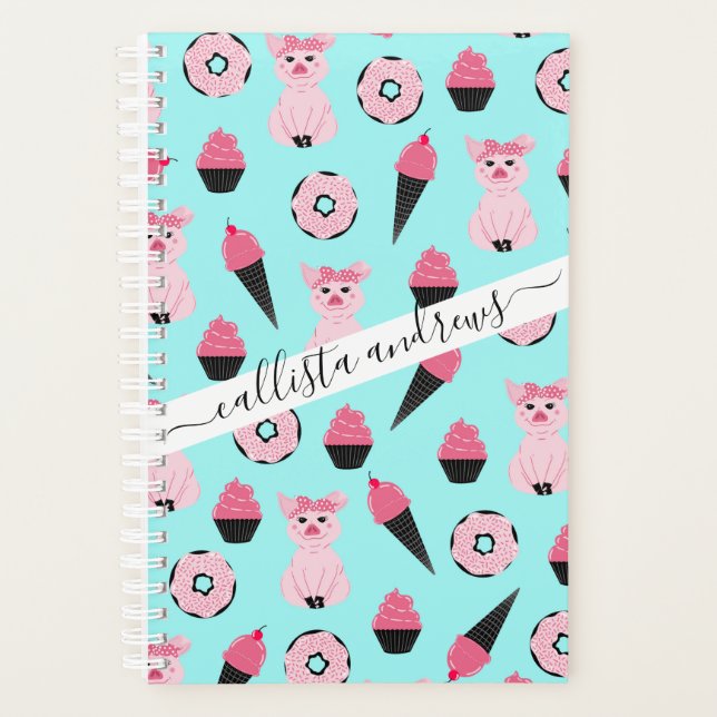 Cute Pink Mint Piggy Donut Ice Cream Cone Pattern Planner (Front)