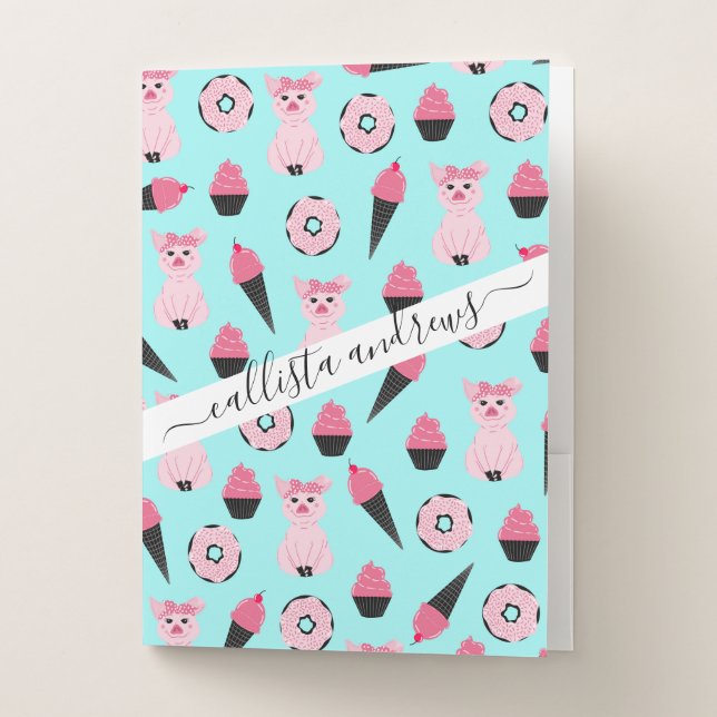 Cute Pink Mint Piggy Donut Ice Cream Cone Pattern Pocket Folder (Front)