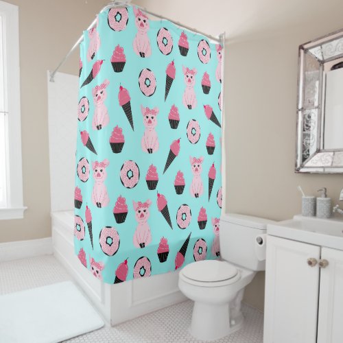 Cute Pink Mint Piggy Donut Ice Cream Cone Pattern Shower Curtain