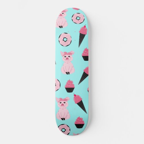 Cute Pink Mint Piggy Donut Ice Cream Cone Pattern Skateboard