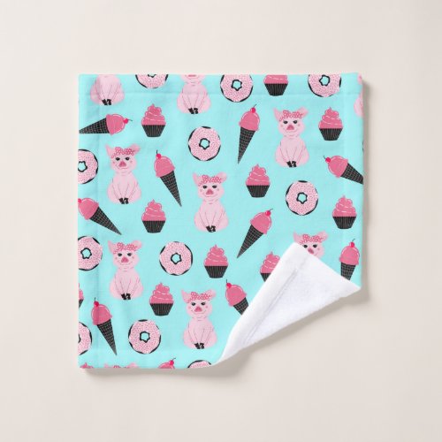Cute Pink Mint Piggy Donut Ice Cream Cone Pattern Wash Cloth