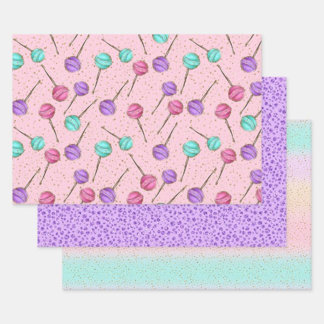 Cute Pink Mint Purple Lollipops Little Girl's Wrapping Paper Sheets (Set)