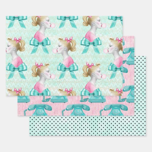 Cute Pink Mint Retro 50s Bubblegum Telephone Wrapping Paper Sheets