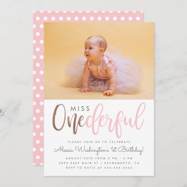Cute Pink Miss Onederful Script Photo 1st Birthday Invitation (Front/Back)