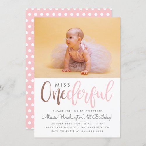 Cute Pink Miss Onederful Script Photo 1st Birthday Invitation