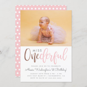 Cute Pink Miss Onederful Script Photo 1st Birthday Invitation