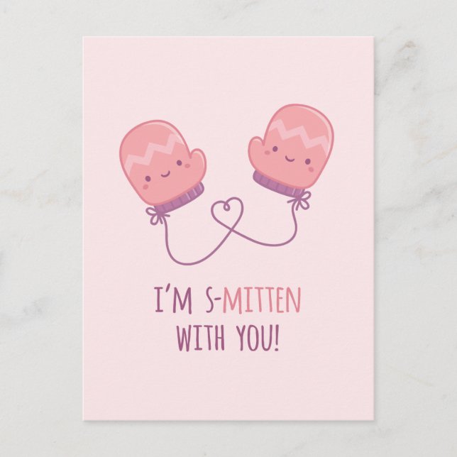 Cute Pink Mittens Together Forever Love Pun Postcard (Front)