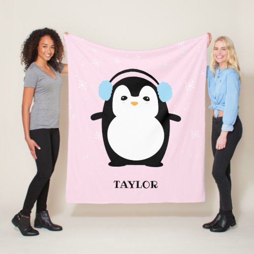 Cute Pink modern baby penguin kawaii Illustration Fleece Blanket