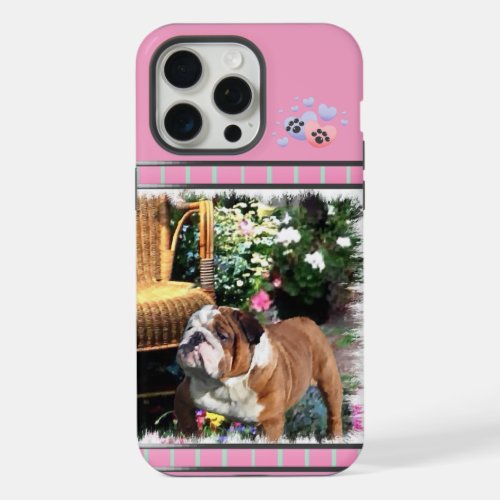 Cute Pink Modern English Bulldog Dog Art iPhone 15 Pro Max Case