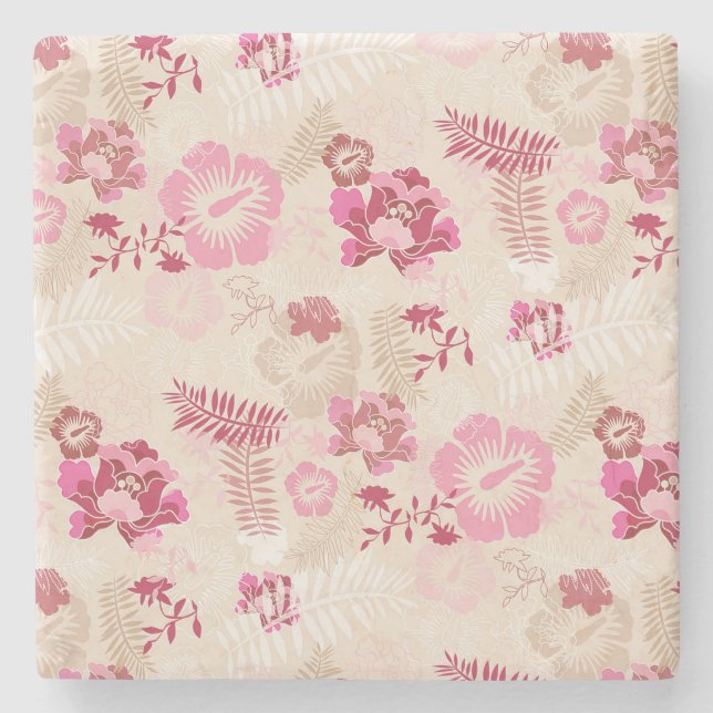 Cute pink modern flowers pattern stone coaster (Front)