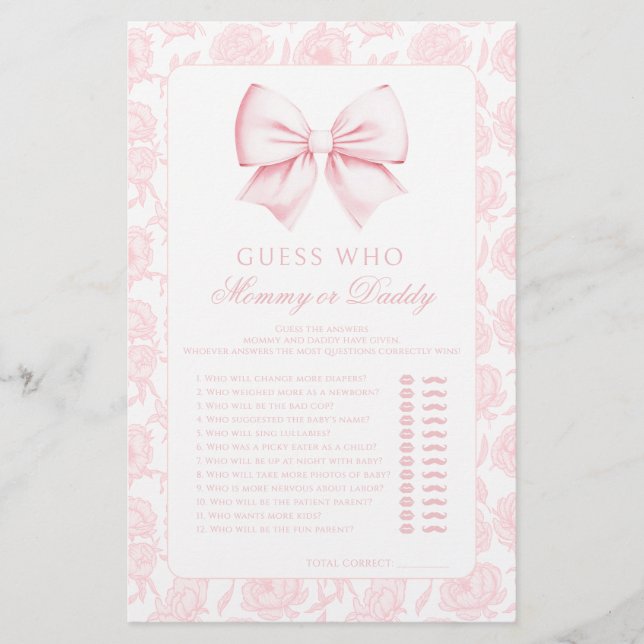Cute Pink Mommy or Daddy Baby Girl Shower Games (Front)