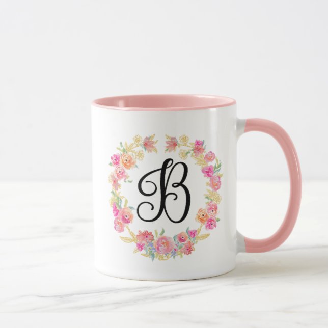 Cute Pink Monogram (B) Flower Wreath Mug (Right)