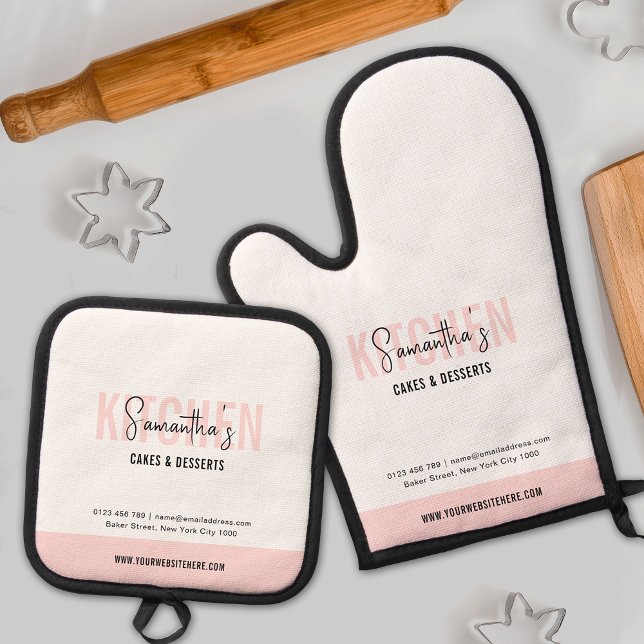 Cute Pink Monogram Bakery Logo Girly Branded Oven Mitt & Pot Holder Set (Trendy blush pink oven mitt and pot holder with space for your custom name or logo)