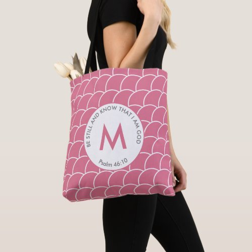 Cute Pink Monogram BE STILL AND KNOW Fish Scales Tote Bag